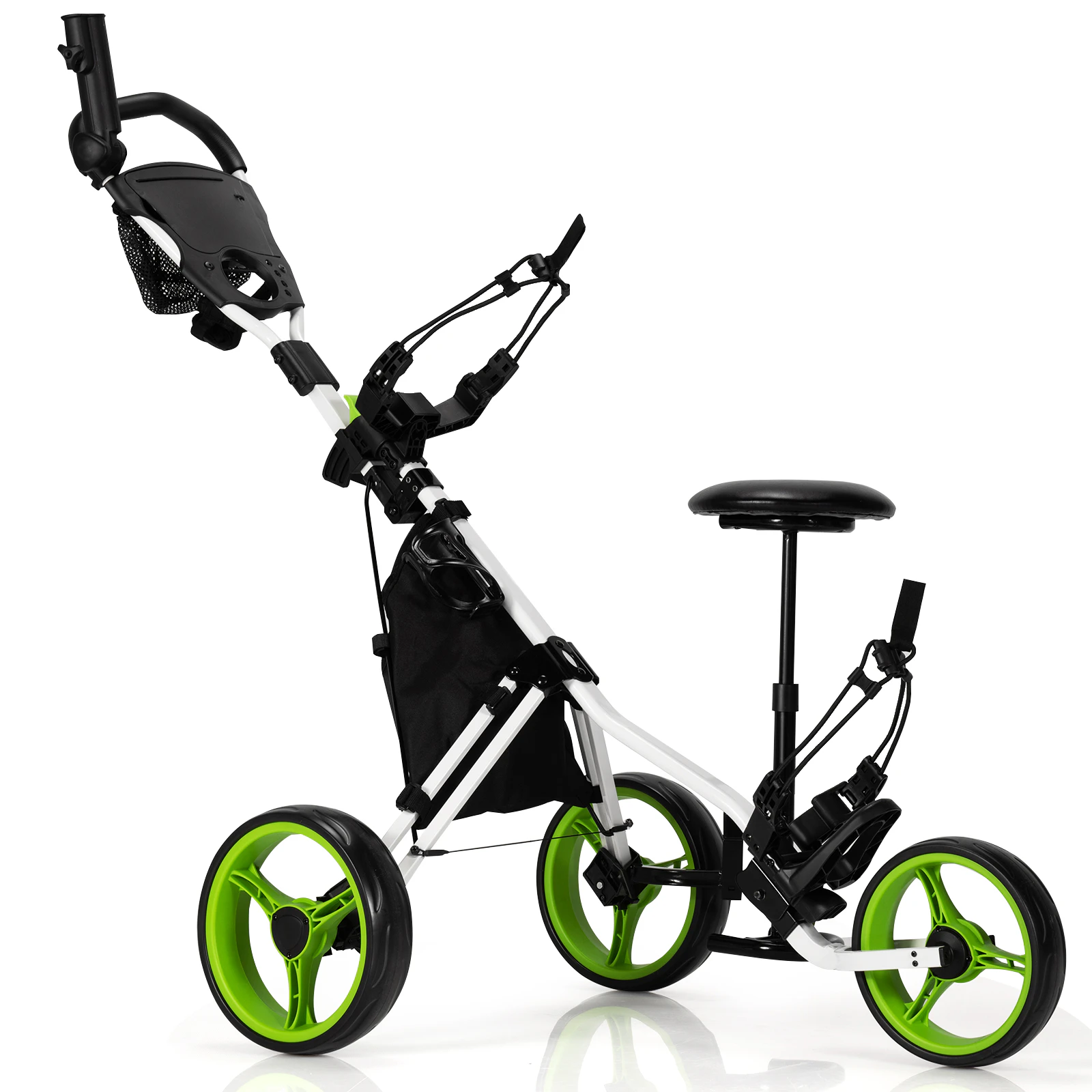 Costway Foldable Golf Buggy Trolley 3 Wheels Golf Club Push Cart w/Seat/Bag/Umbrella Holder, Green