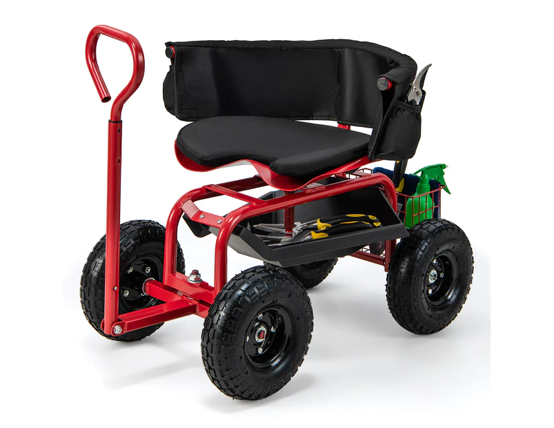 Costway Swivel Seat Garden Cart Rolling Scooter  w/ Extendable Handle & Tool Storage Red