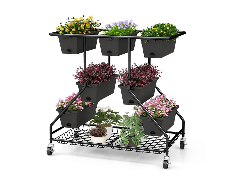 Costway A-Shaped Garden Planter Box Flower Stand on Universal Wheels Black