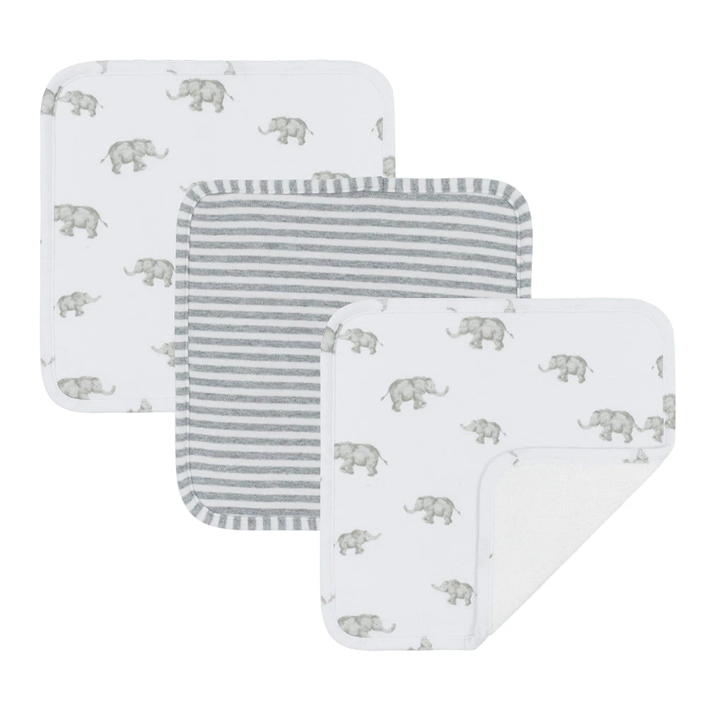 3pk Washcloths - Watercolour Elephant