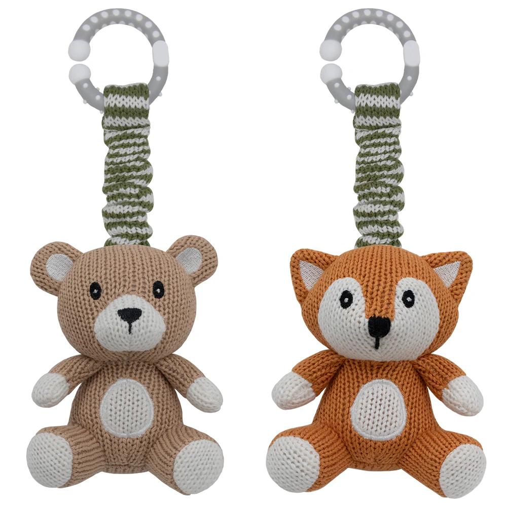 2PK Living Textiles 25cm Cotton Knit Bear & Fox Stroller Hanging Toy Accessory