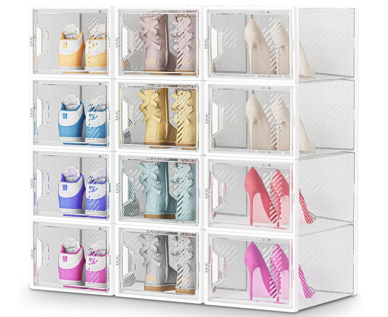 Stelive 12PCS Shoe Display Box Plastic Shoe Box Storage Containers Stackable Shoe Organizer Shoe Storage Box Magnetic Door Sneaker Case, 33 x 25.4 x 18.6cm