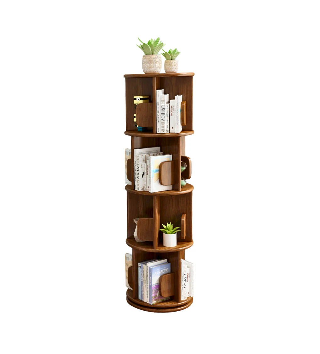 4-Tier Vesatile Timber Rubberwood Wooden Rotating Swivel Bookcase Bookshelves 130cm Walnut