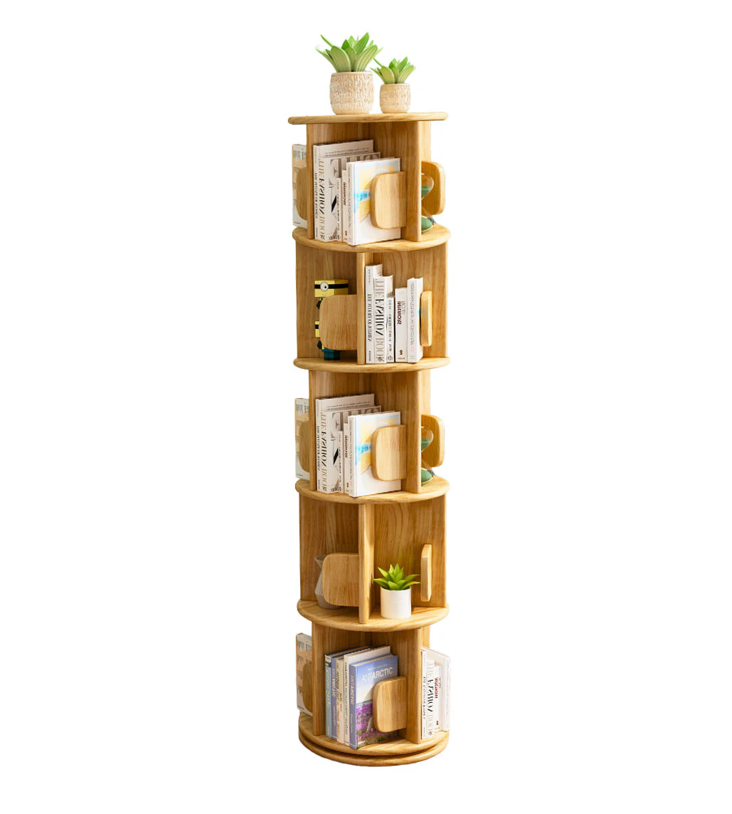 5-Tier Versatile Timber Rubberwood Wooden Rotating Swivel Bookcase Bookshelves 161cm Natural