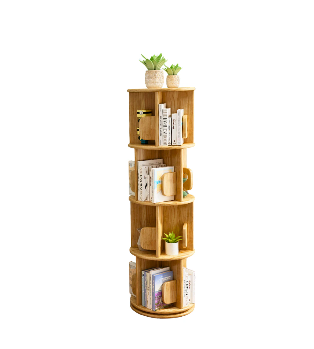 4-Tier Vesatile Timber Rubberwood Wooden Rotating Swivel Bookcase Bookshelves 130cm Natural