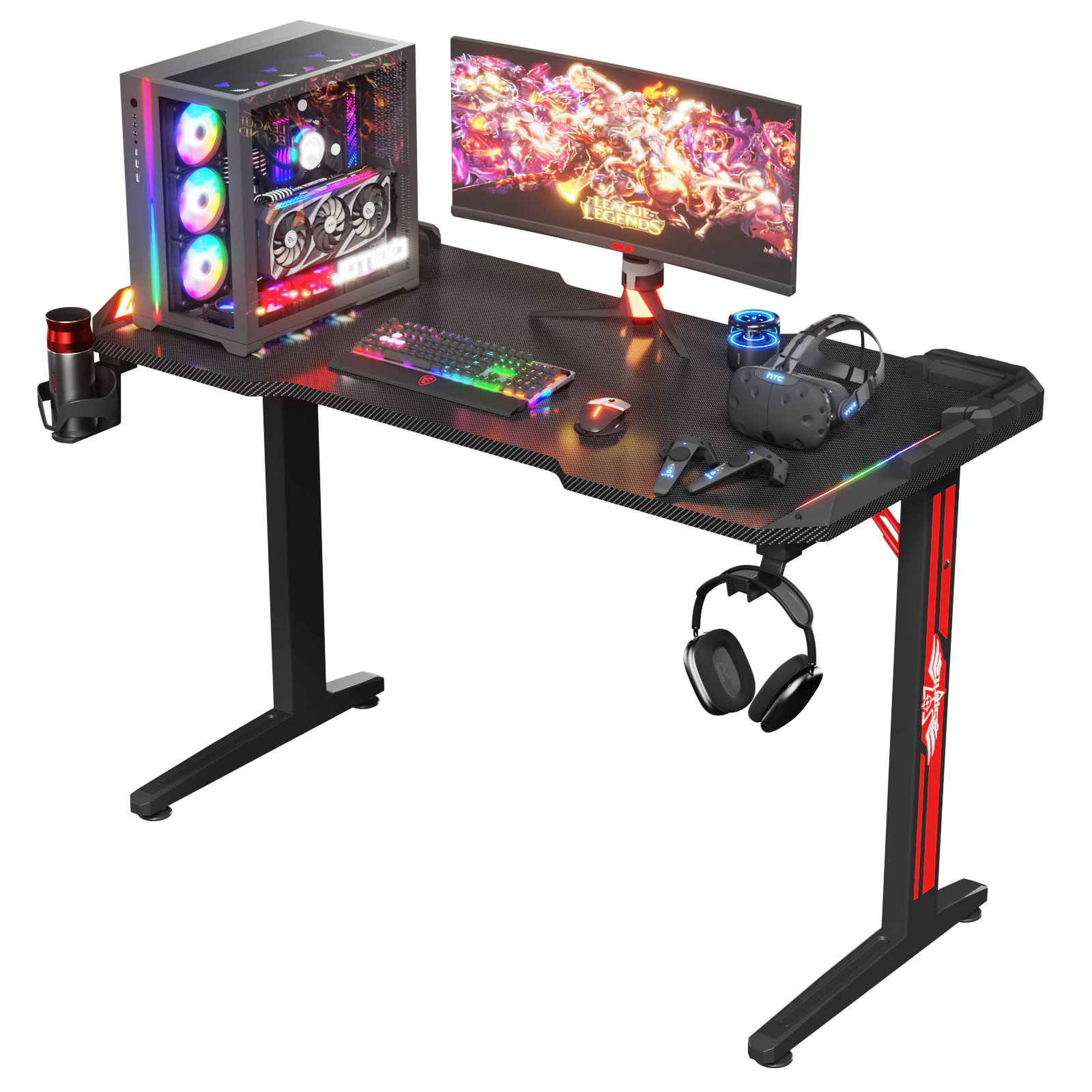 Advwin Gaming Desk RGB LED Gaming Office Computer Desk Carbon Fiber 120cm Gamer Workstation with Cup Holder & Headset Hook