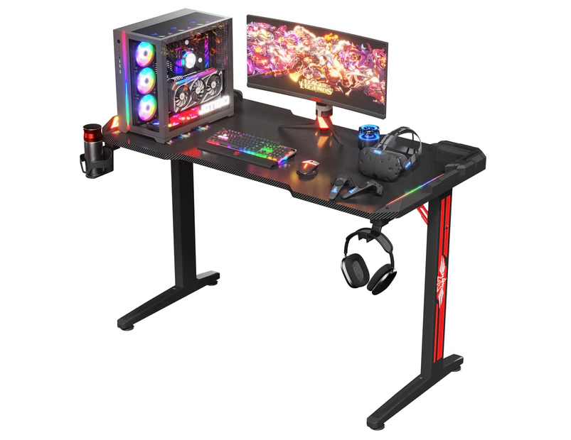 Advwin Gaming Desk RGB LED Gaming Office Computer Desk Carbon Fiber 120cm Gamer Workstation with Cup Holder & Headset Hook