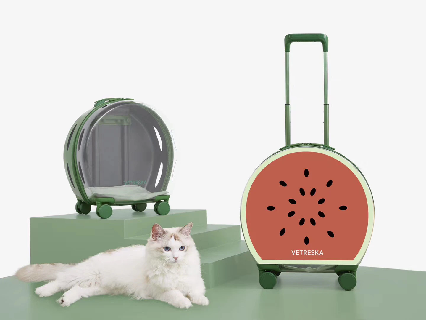 Vetreska Cat Dog Breathable Pet Carrier Outdoor Travel Transparent Space [Colour: Green+Watermelon sticker*1]