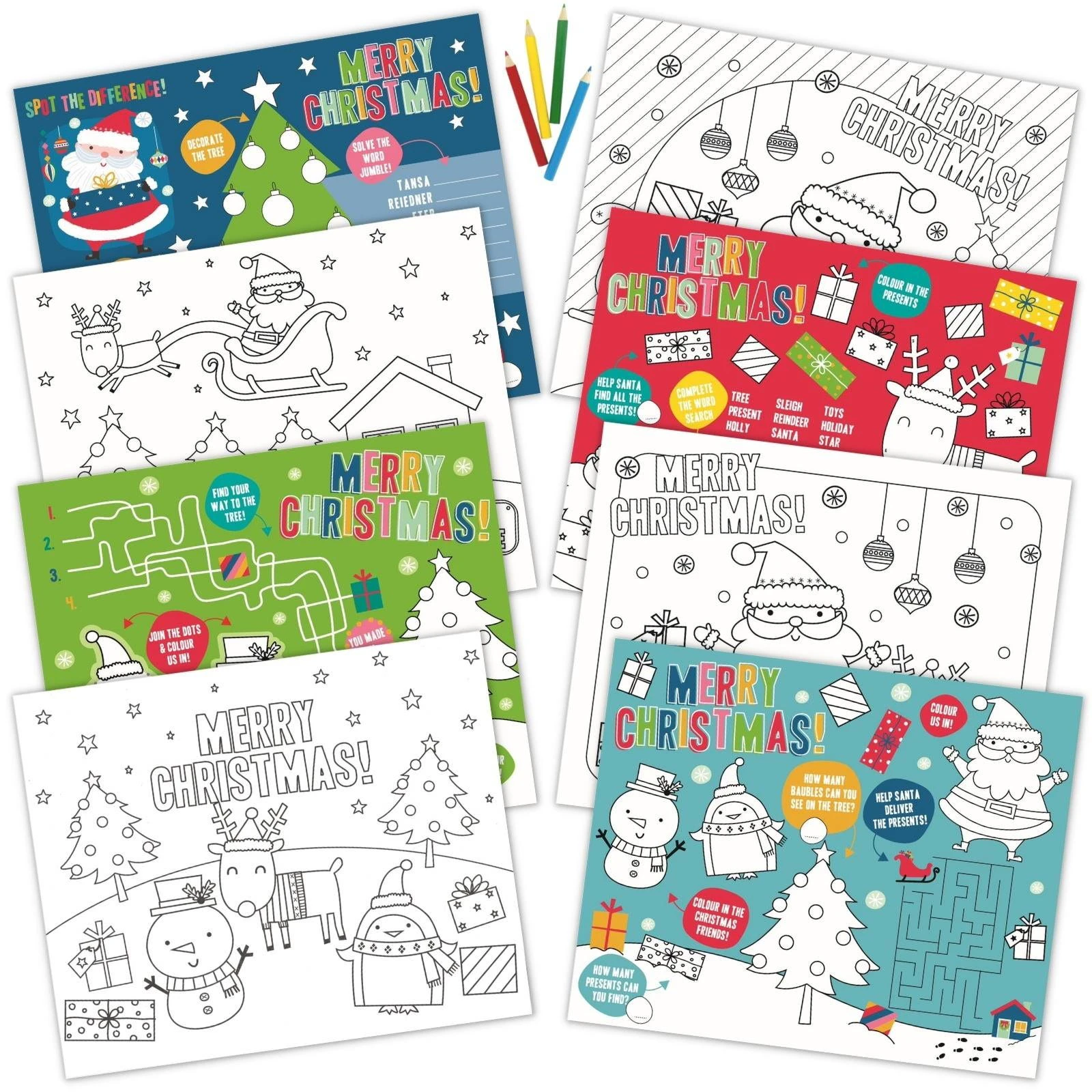 Assorted Christmas Activity Placemats with Colour Pencils (Pack of 8)