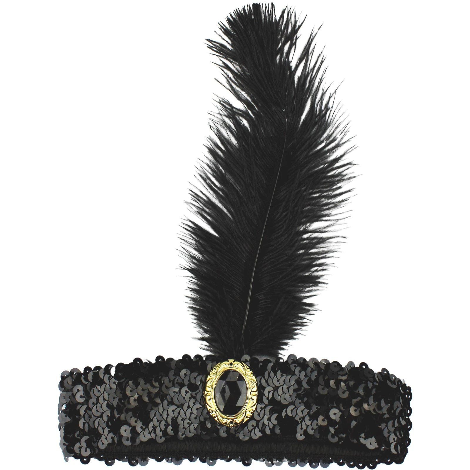 20's Black Sequin Feather & Jewel Flapper Headband