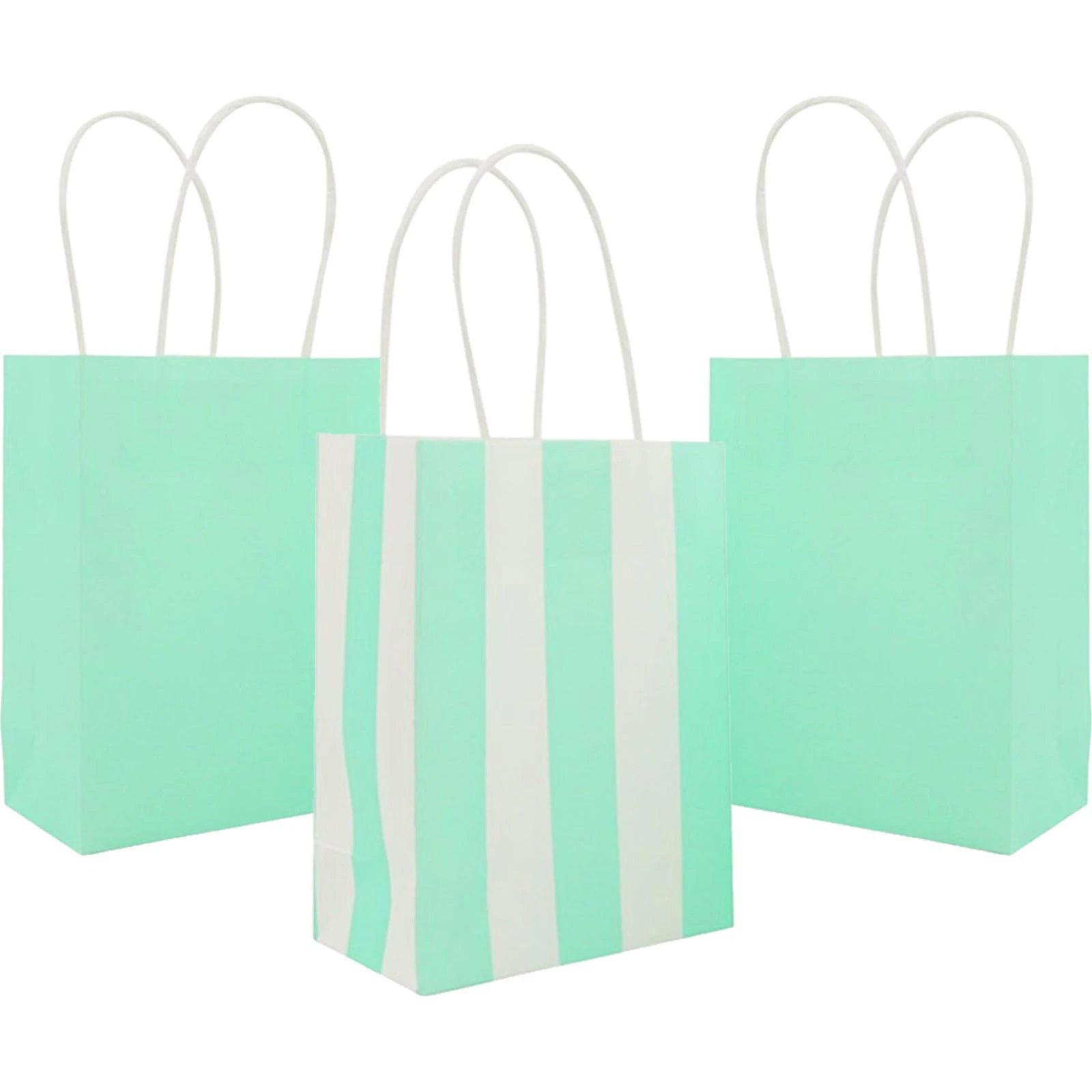 Mint Green Solid and Striped Paper Gift Bags 16cm (Pack of 4)