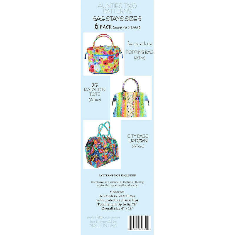 Bag Stays Size B 24" by Aunties Two Patterns 6 Stays Included Quilting Sewing Craft