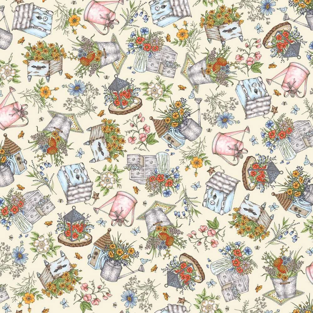 Maywood Studio Garden Stroll Bird Houses Cream Fabric by Kris Lammers Collection