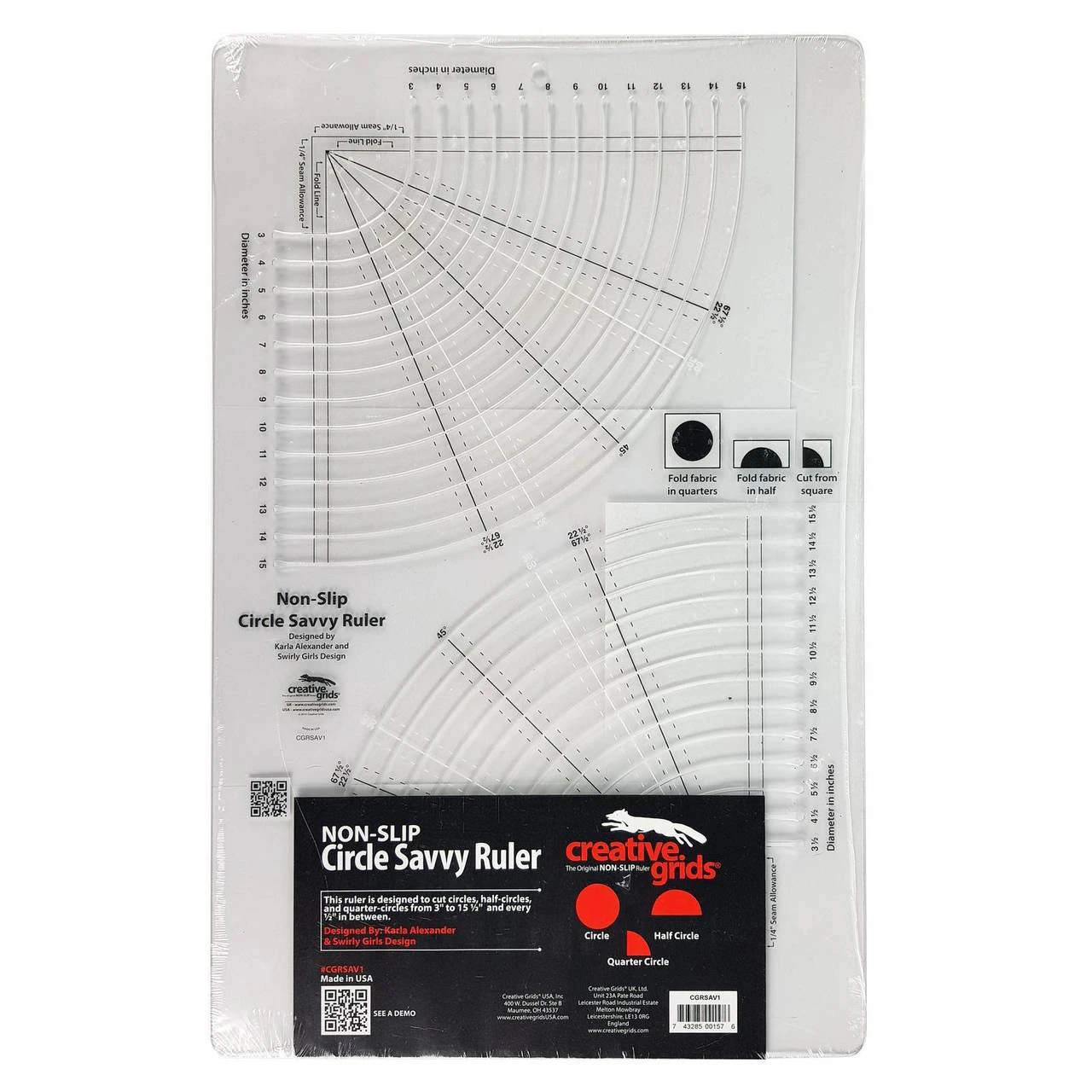 Creative Grids Circle Savvy 11-3/4in x 18-1/2in Quilt Ruler Quilting Sewing