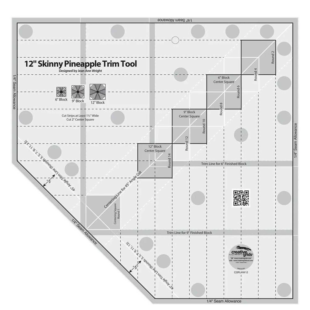 Creative Grids 12in Skinny Pineapple Trim Non-Slip Ruler Tool Quilting Sewing Craft