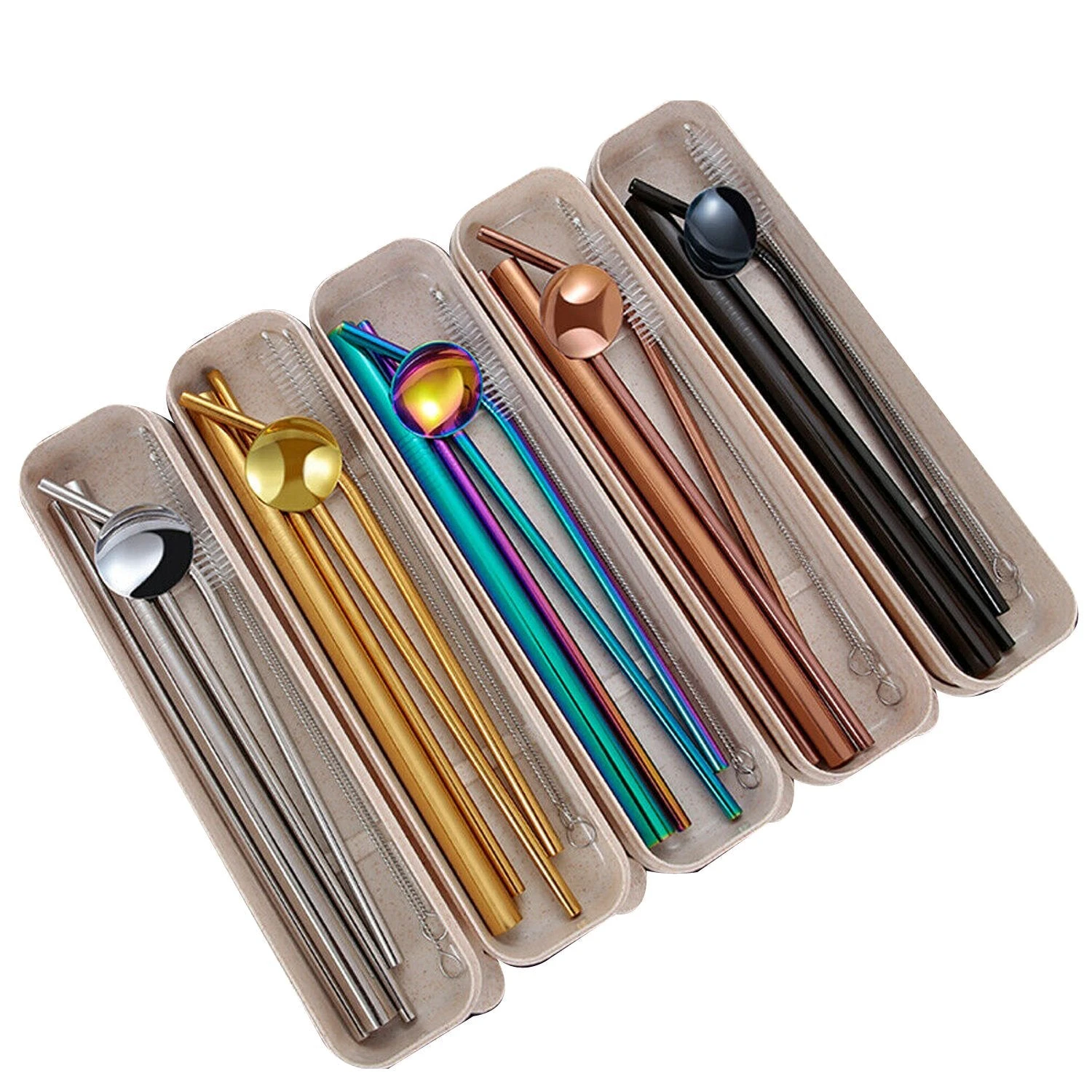 Reusable Metal Stainless Steel Drinking Straws Spoon Set - Rose Gold