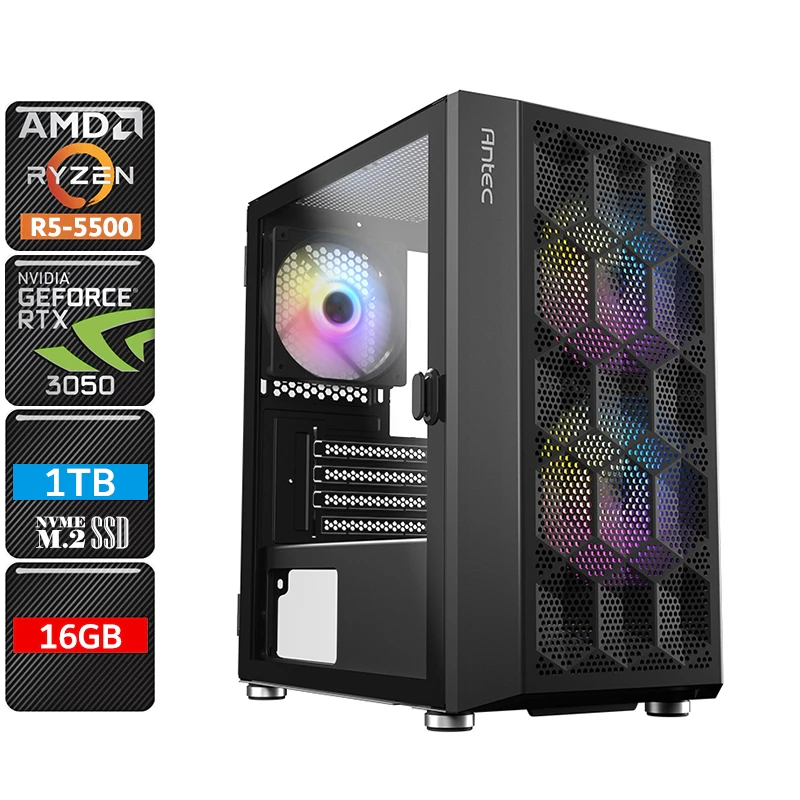 ATG 5500-RTX3050-16G1S-NX200MR-NO AMD Ryzen 5 5500 RTX 3050 RGB Gaming PC System, 16GB RAM/1TB NVMe SSD/WIFI6