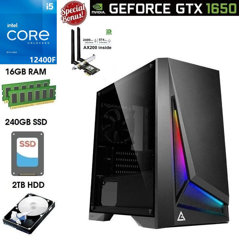 ATG ATG-12400F-16G2T-DP301M-1650-WO Intel 12th Gen Core i5 GTX 1650 Gaming PC, W10H/16GB RAM/240GB SSD/2TB HDD/WiFi 6