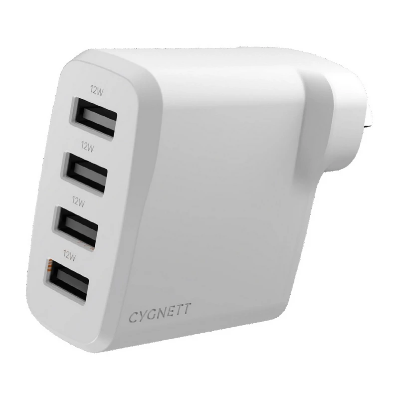 Cygnett CY4768PDWCH PowerPlus 24W Multi Port USB-A Wall Charger White, 4xUSB-A 12W, Compact