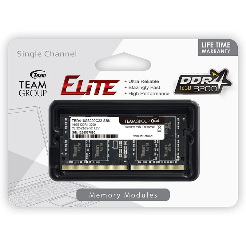 Team TED416G3200C22-S01 16GB Elite DDR4 3200MHz CL22 1.2V SODIMM 260-Pin Laptop Notebook Memory