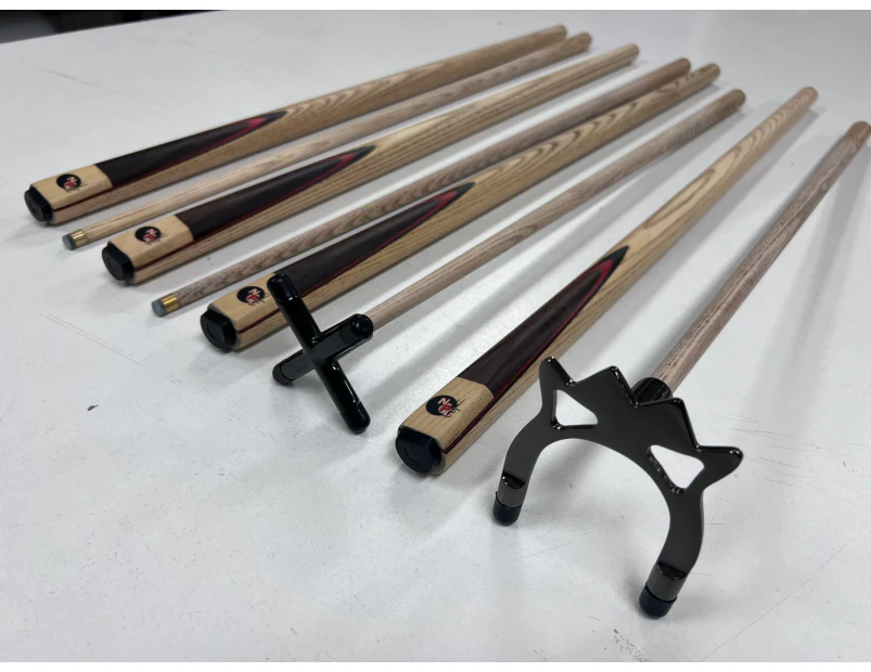 FULL ASH With Red Wood Flame Pool Cue REST Set 2 x Cues, 1 x Black Chrome Rest, 1 x Black Chrome Spider