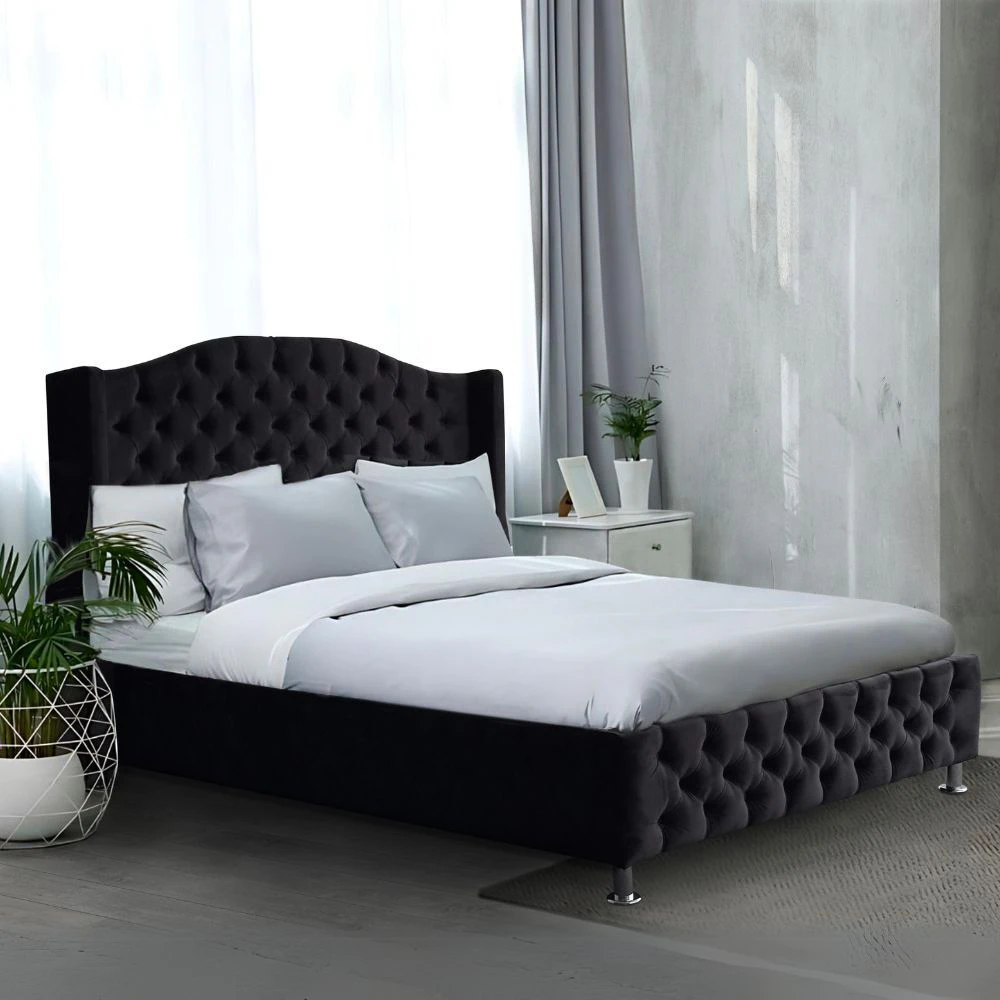 Aurora Black Queen Bed Frame Studded Fabric Black Plush Velvet Upholstered Tufts