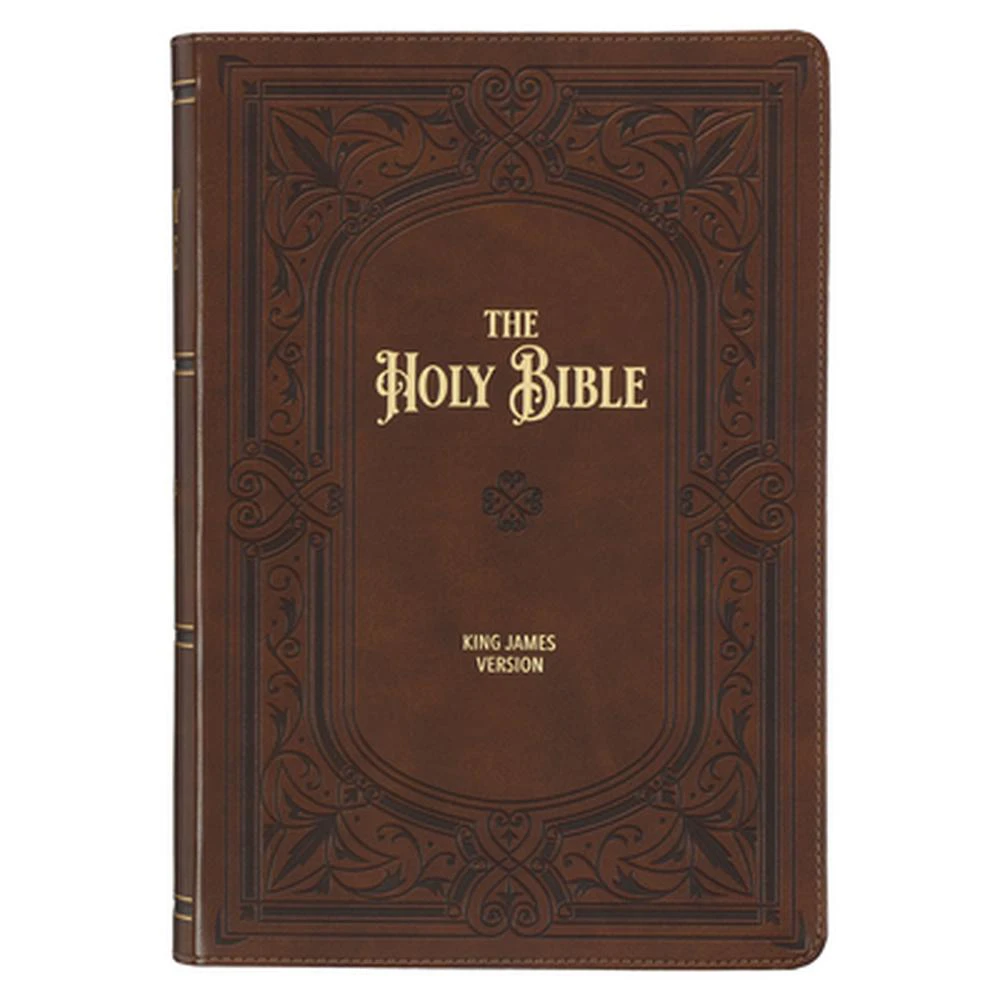 KJV Study Bible, Large Print King James Version Holy Bible, Thumb Tabs, Ribbons, Faux Leather Saddle Tan Framed Art Nouveau Debossed