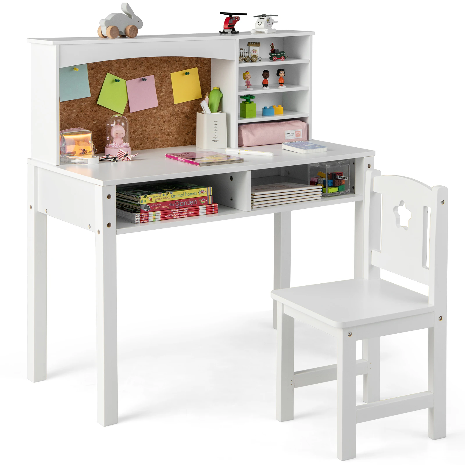 Giantex Wood Kids Table and Chair Set Study Activity Toys Storage Desk/Open Drawers/Bulletin Board, White