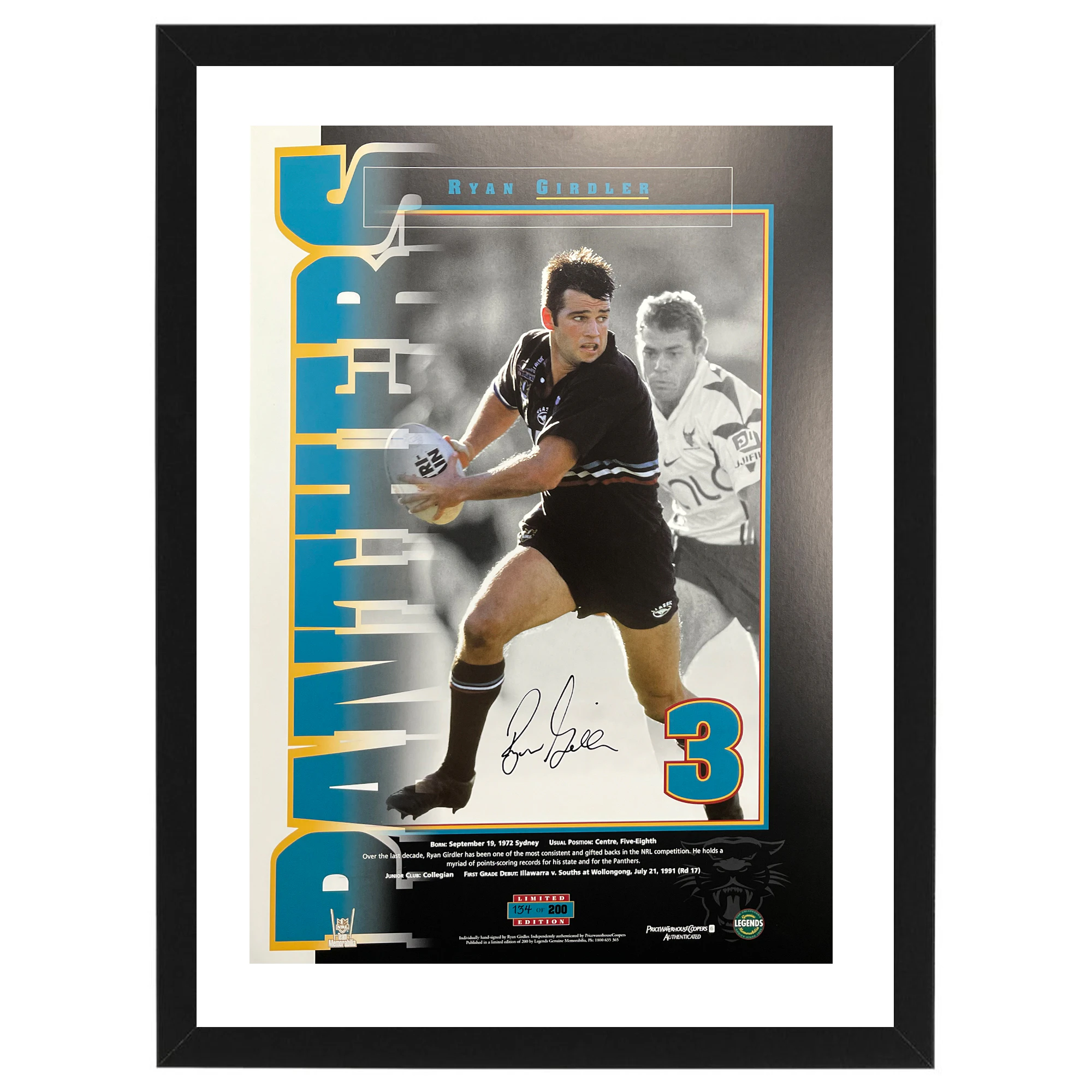 Penrith Panthers - Ryan Girdler Signed & Framed 'Numbers Up' Print