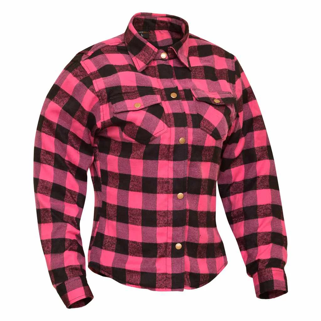 RIDERACT® Women Motorcycle Flannel Shirt Pink Reinforced Motorbike Shirt with Aramid Fiber Safety Protective Gear