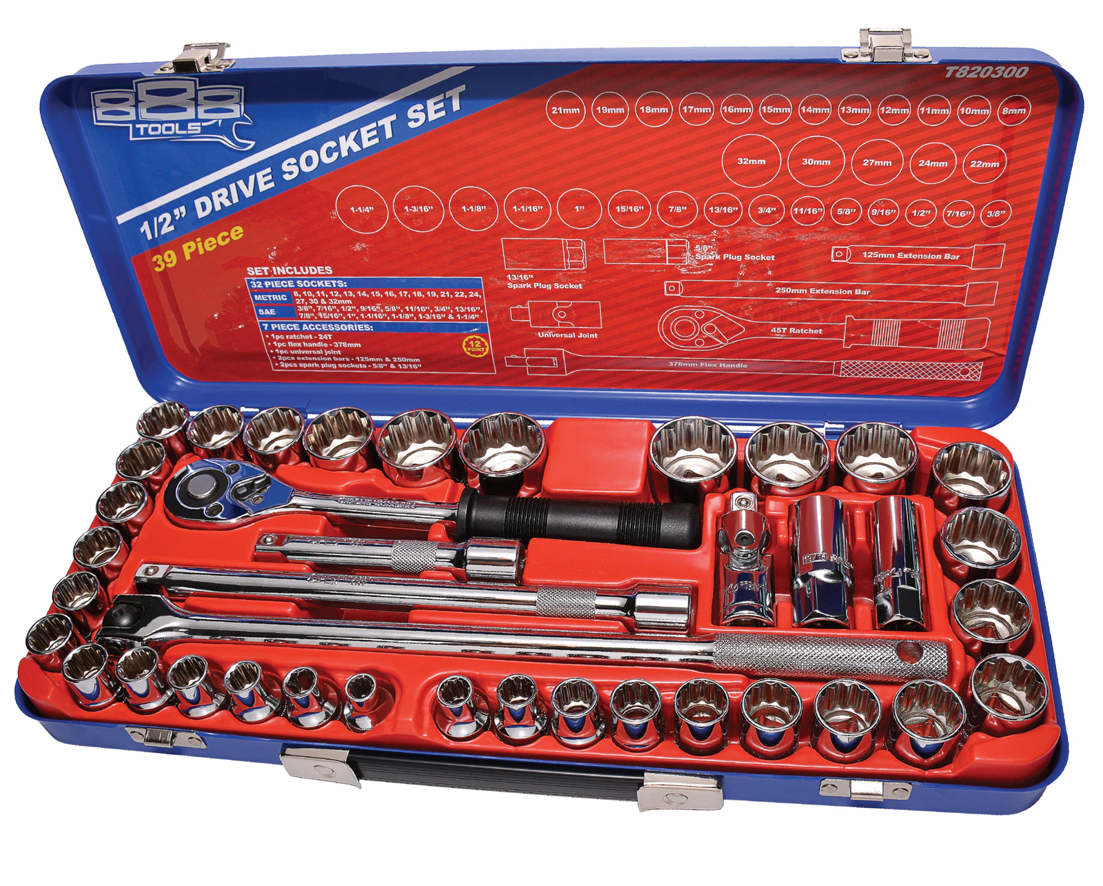 SP Tools Socket Set 888 1/2" Drive 12 Point Metric/SAE 39 PieceT820300