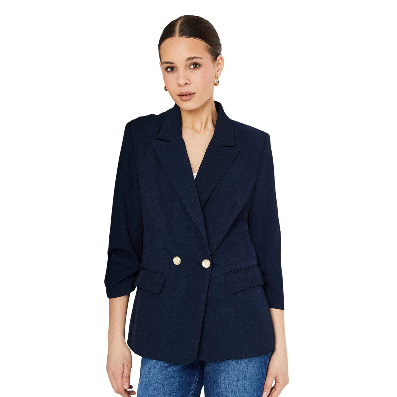 Dorothy Perkins Womens Button Detail Ruched Blazer (Navy) - DP5699