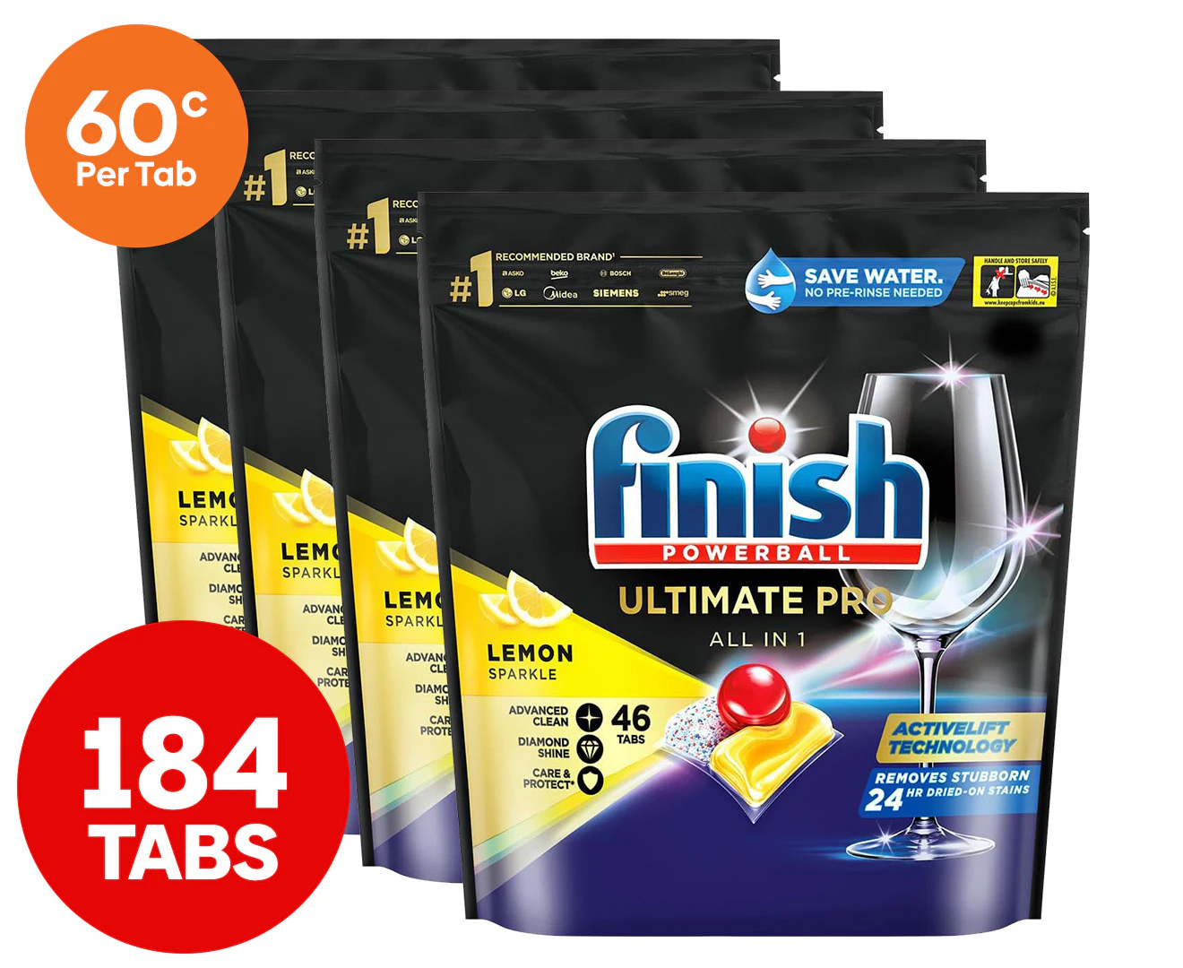 4 x 46pk Finish Powerball Ultimate Pro All In 1 Dishwashing Tabs