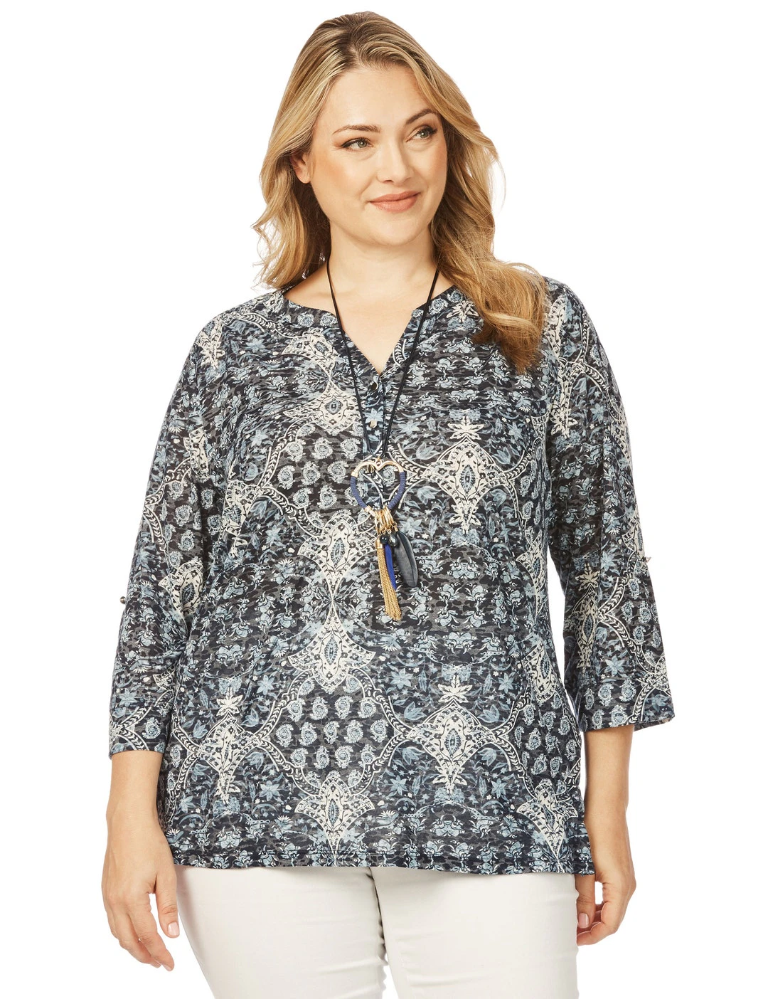 BeMe - Womens Plus Size - Tops - Winter - Henley - Jersey - Blue - 3/4 Sleeve - Relaxed Fit - Length Regular - Abstract - Office Wear - Work Clothes