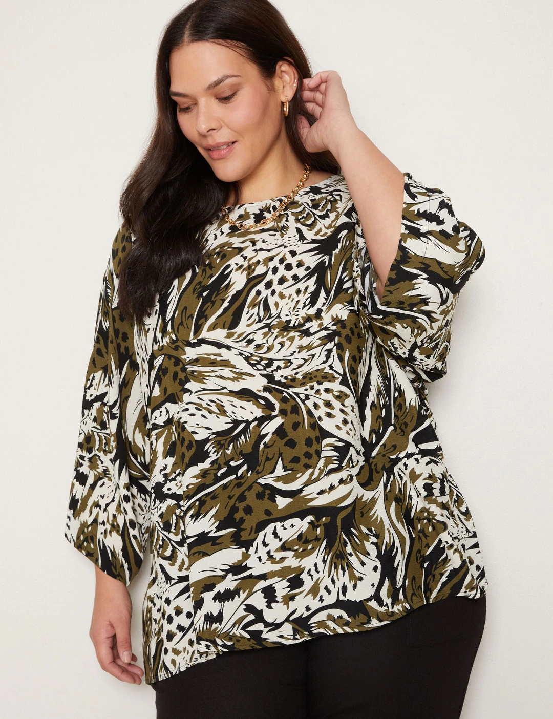 Autograph - Womens Plus Size - Tops - Winter - Kaftan - Green - 3/4 Sleeve - Boat Neck - Oversized - Length Long - Abstract - Casual Work Clothes