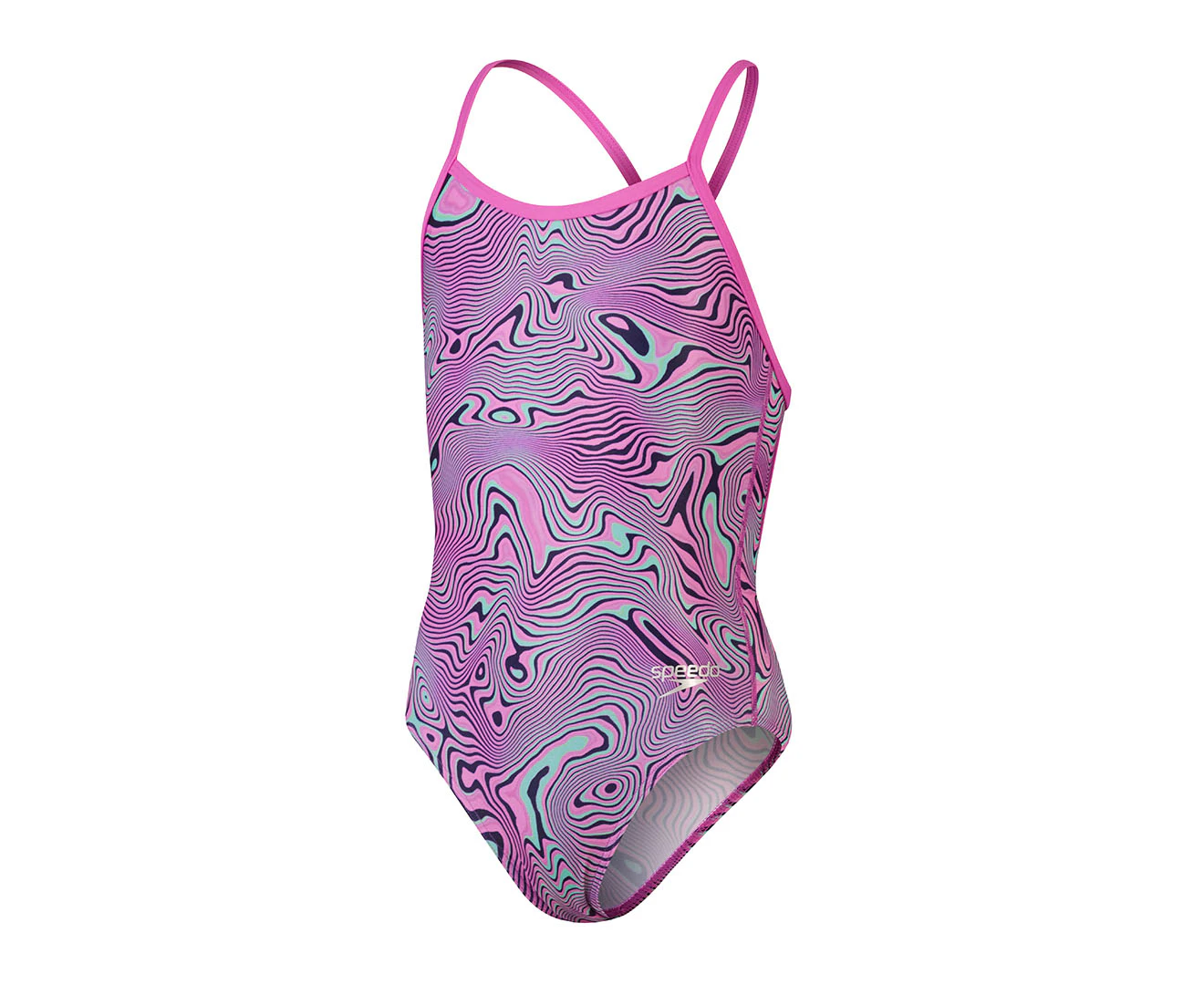 Speedo Girls' Allover V-Back One Piece Swimsuit - Navy/Orchid/Green