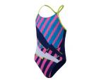 Speedo Girls' Placement Lane Line Back One Piece Swimsuit - Blue/Pink/Lime