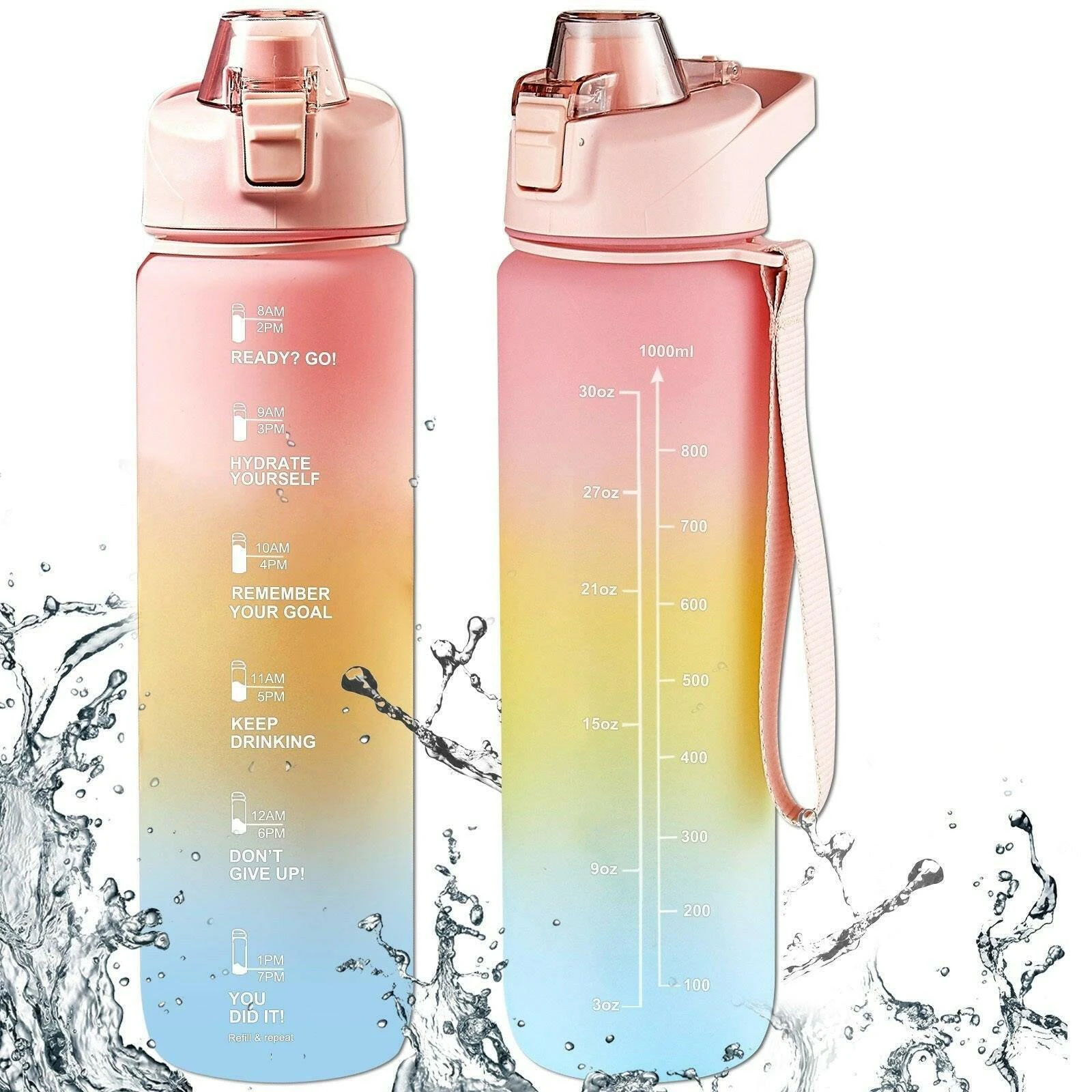 Water Bottle 1.1 Litre with Motivational Time Marker (1 Bottle) - Recycled Tritan Co-Polyester 100% BPA Free - OZ Smart - Pink