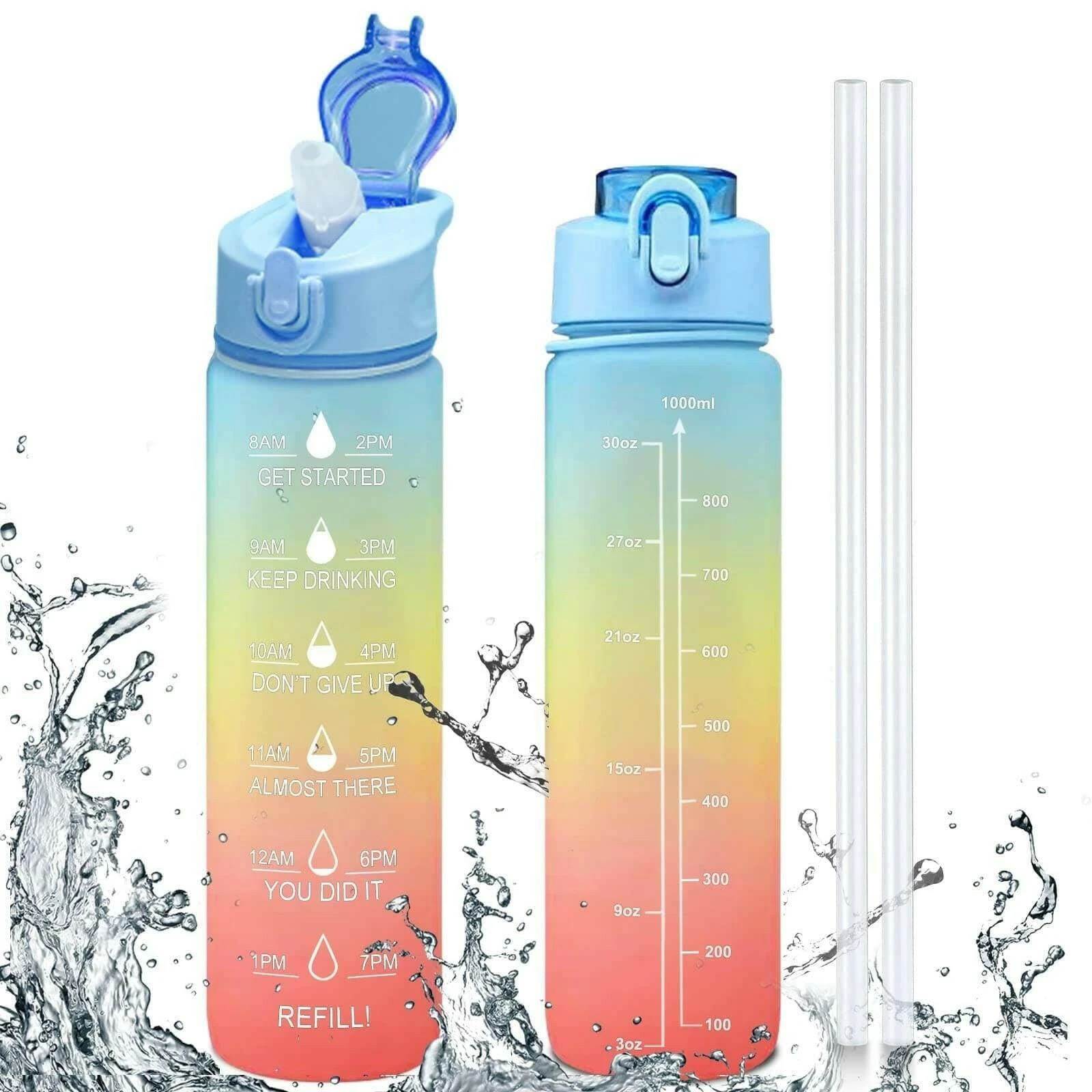 Water Bottle 1.1 Litre with Motivational Time Marker (1 Bottle) - Recycled Tritan Co-Polyester 100% BPA Free - OZ Smart - Blue with Straw