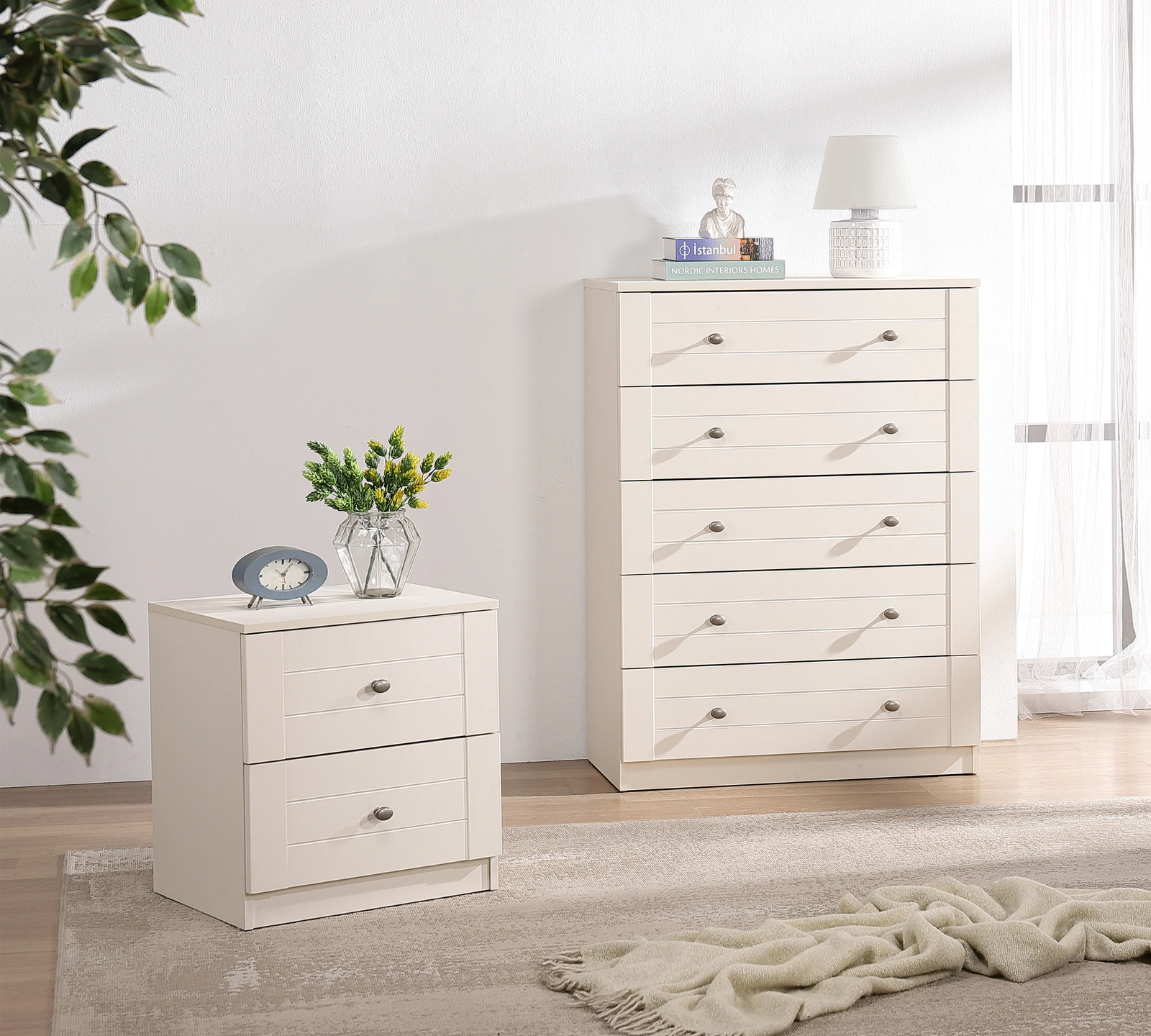 Cosmoliving 5 Chest of Drawers Tallboy with Harriet Bedside Table