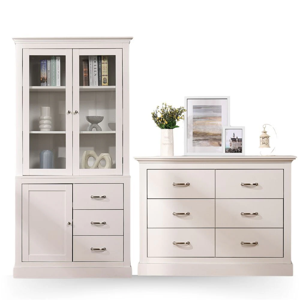 Cosmoliving Ashford 6 Chest of Drawers White + Ashford Display Storage Cabinet