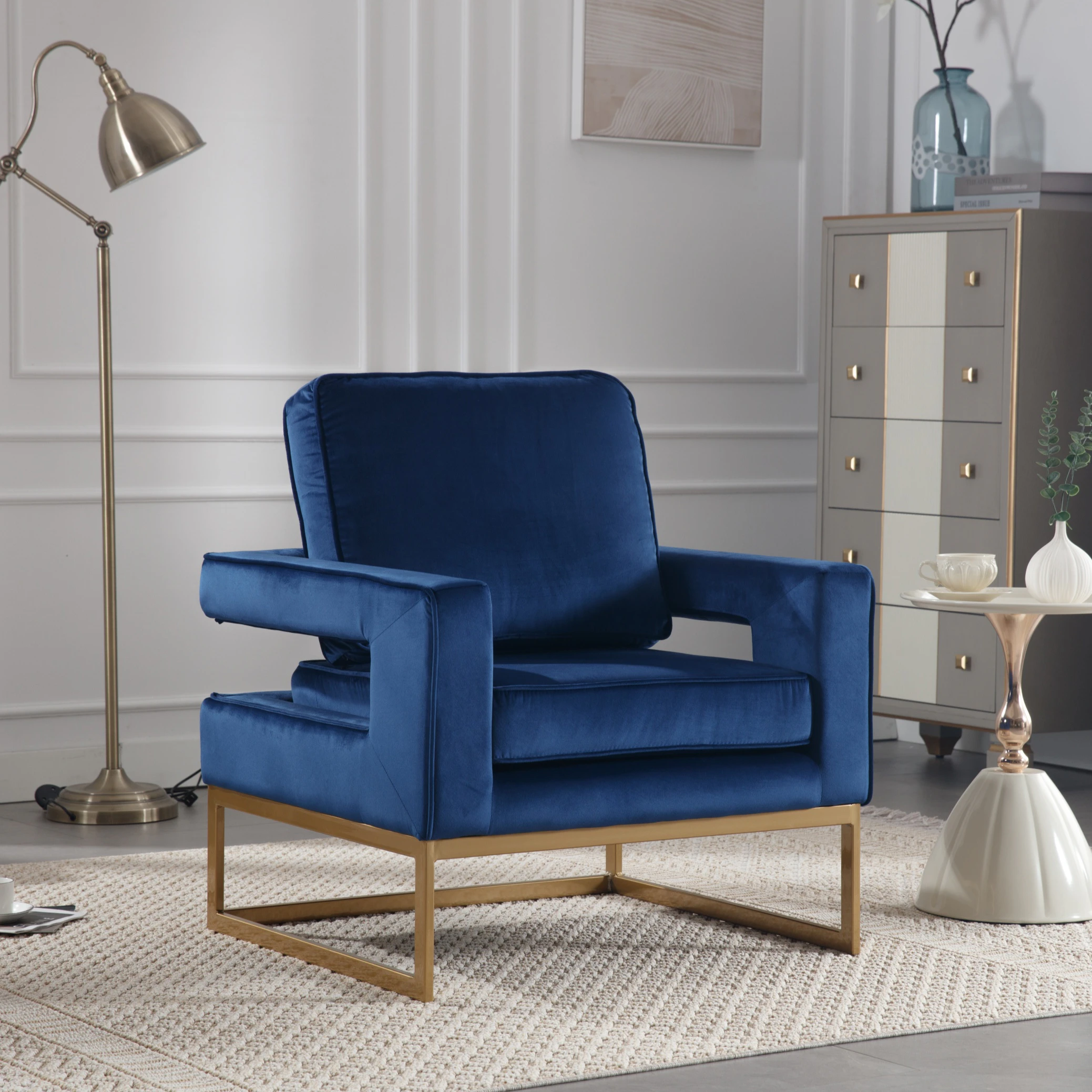 HOMFURN Contemporary Velvet Upholstered Accent Chair with Golden Base,Blue Velvet