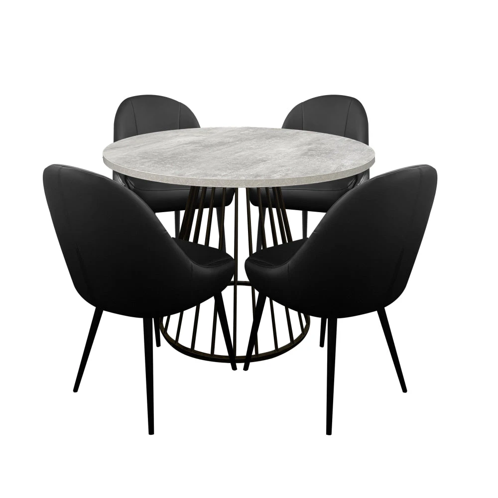 HomeStar 5Pcs Dining Set Round Faux Cement Dining Table W/ 4 Dining Chair Black PU