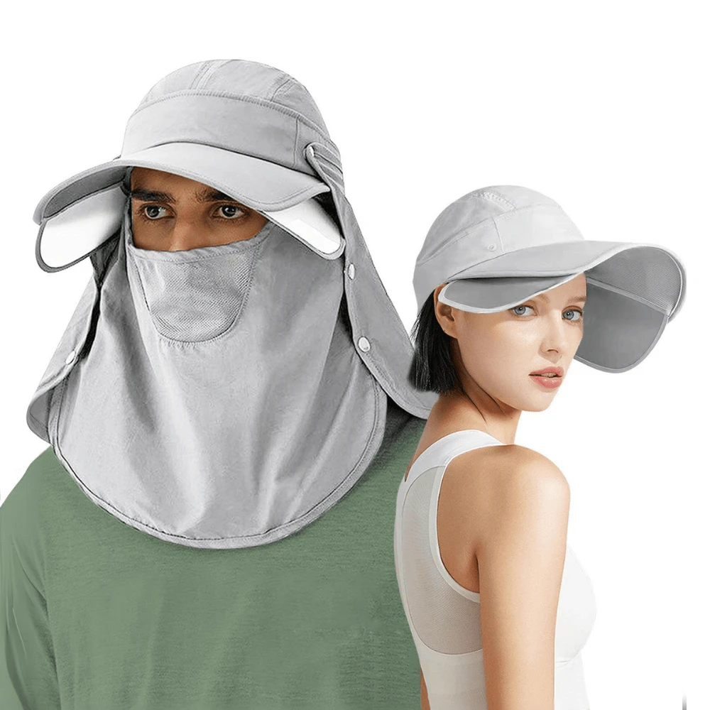 Retractable Wide Brim Fishing Sun Hat for Men and Women - UPF50+ Neck Flap and Face Mask - OZ Smart - Light Grey