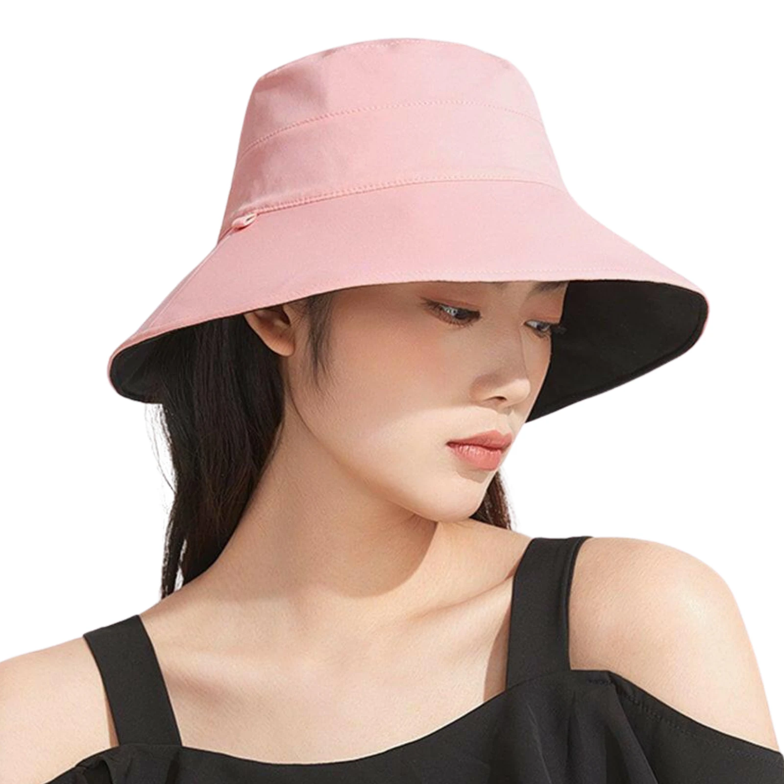 Silky Reversible Bucket Hat for Women - UPF50+ Cotton Material - Adjustable Chin Strap - OZ Smart - Pink/Black