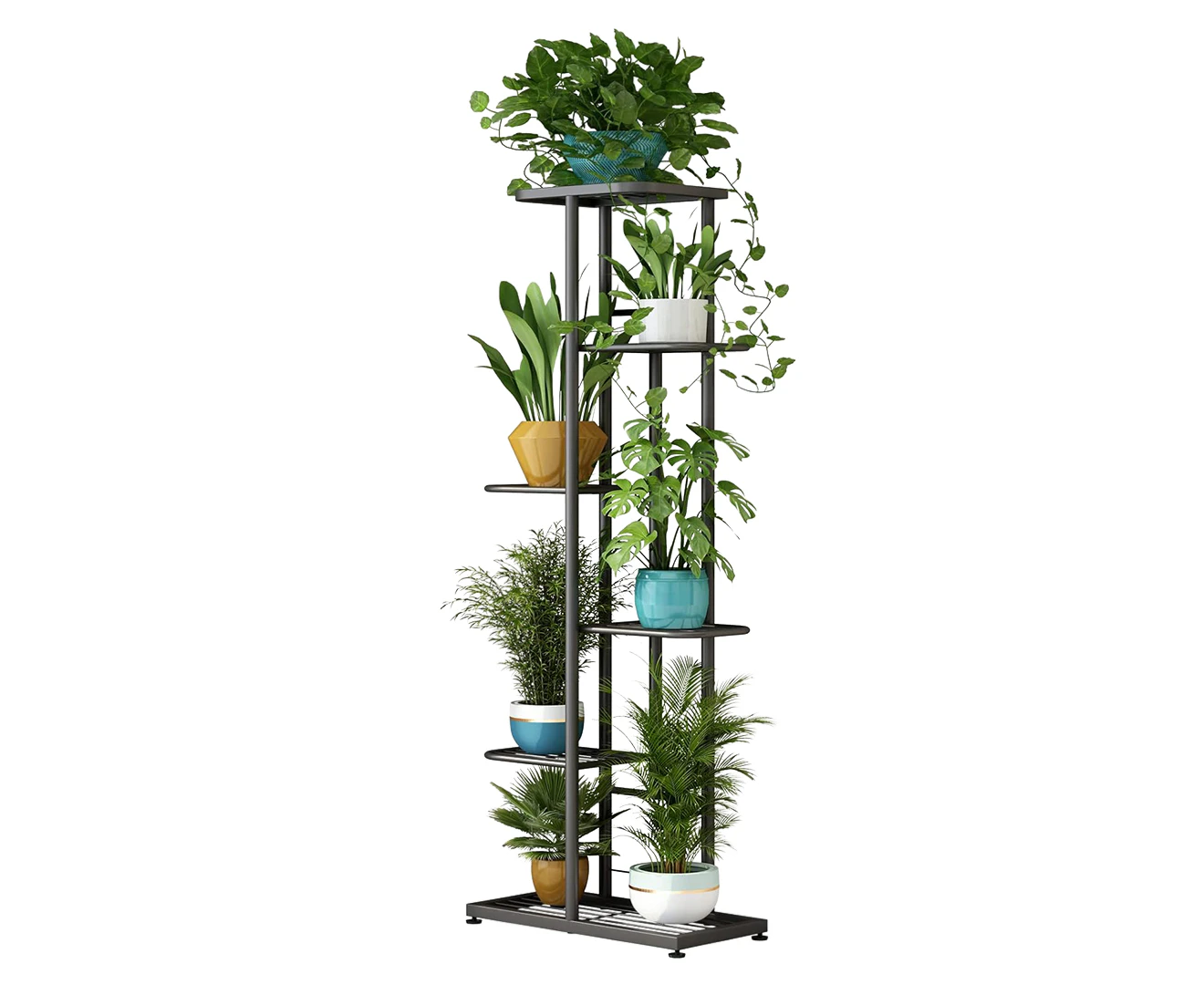 DelSol Plant Stand Metal 6 Tier 7 Potted Multiple Flower Pots Holder Shelf Planter Display Shelving Dark Grey