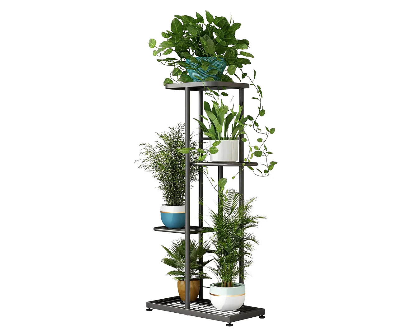 DelSol Plant Stand Metal 4 Tier 5 Potted Multiple Flower Pots Holder Shelf Planter Display Shelving Dark Grey