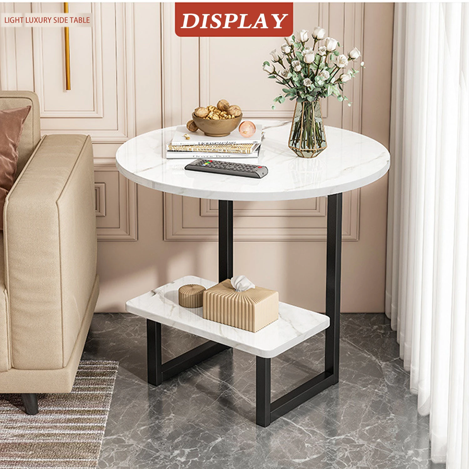 Foret G Shaped 2 Tier Side Table With Marble Pattern Wood Top Steel Frame 3 Sizes