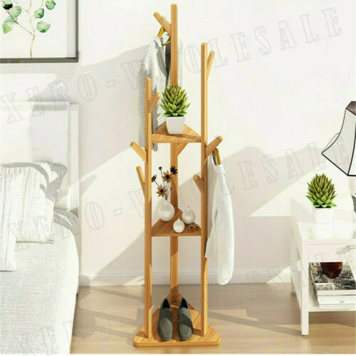 Clothes Garment Coat Rack Stand Wooden Tree Hanger Bag Hat Hook Holder Shelf