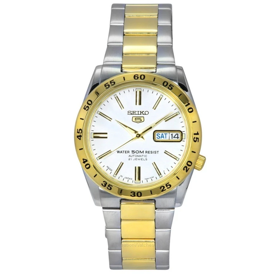 Seiko 5 Two Tone Stainless Steel White Dial 21 Jewels Automatic SNKE04J1 Unisex Watch